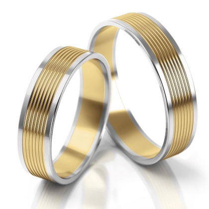 Dwukolorowe płaskie obrączki ślubne fakturowe - złoto próby 585